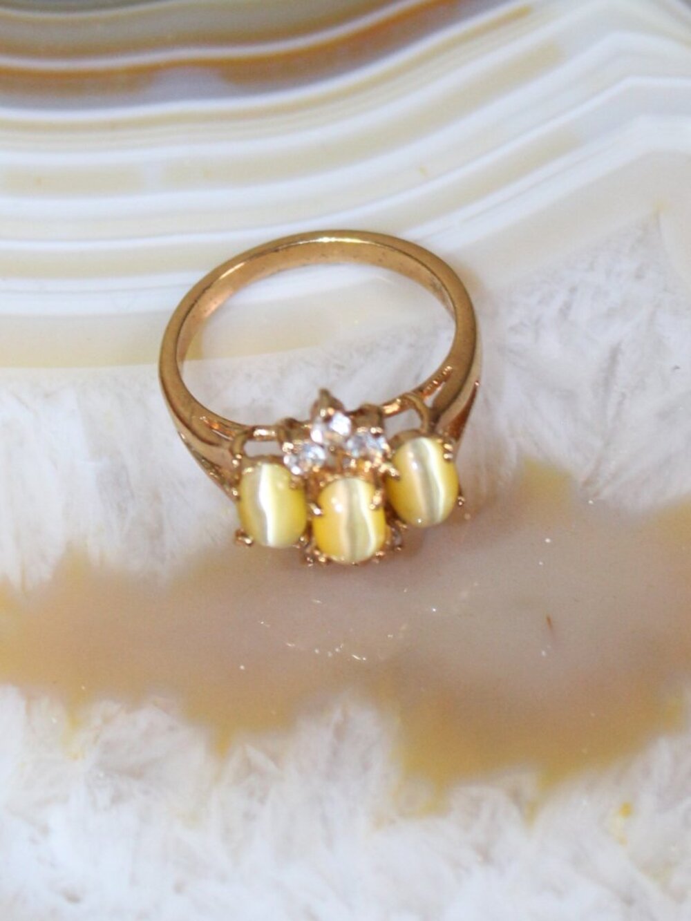 Gold-tone Size 6.5 Small Smooth Oval Tigers Eye (3) w Clear Crystal Accents Ring